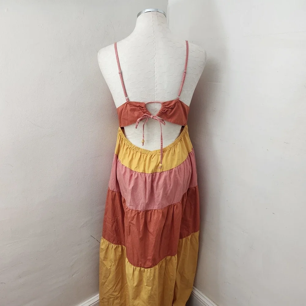 L.I.F.E. Love Is For Eternity Pink Orange Yellow Tiered Cotton Maxi Dress XL - Picture 2 of 4